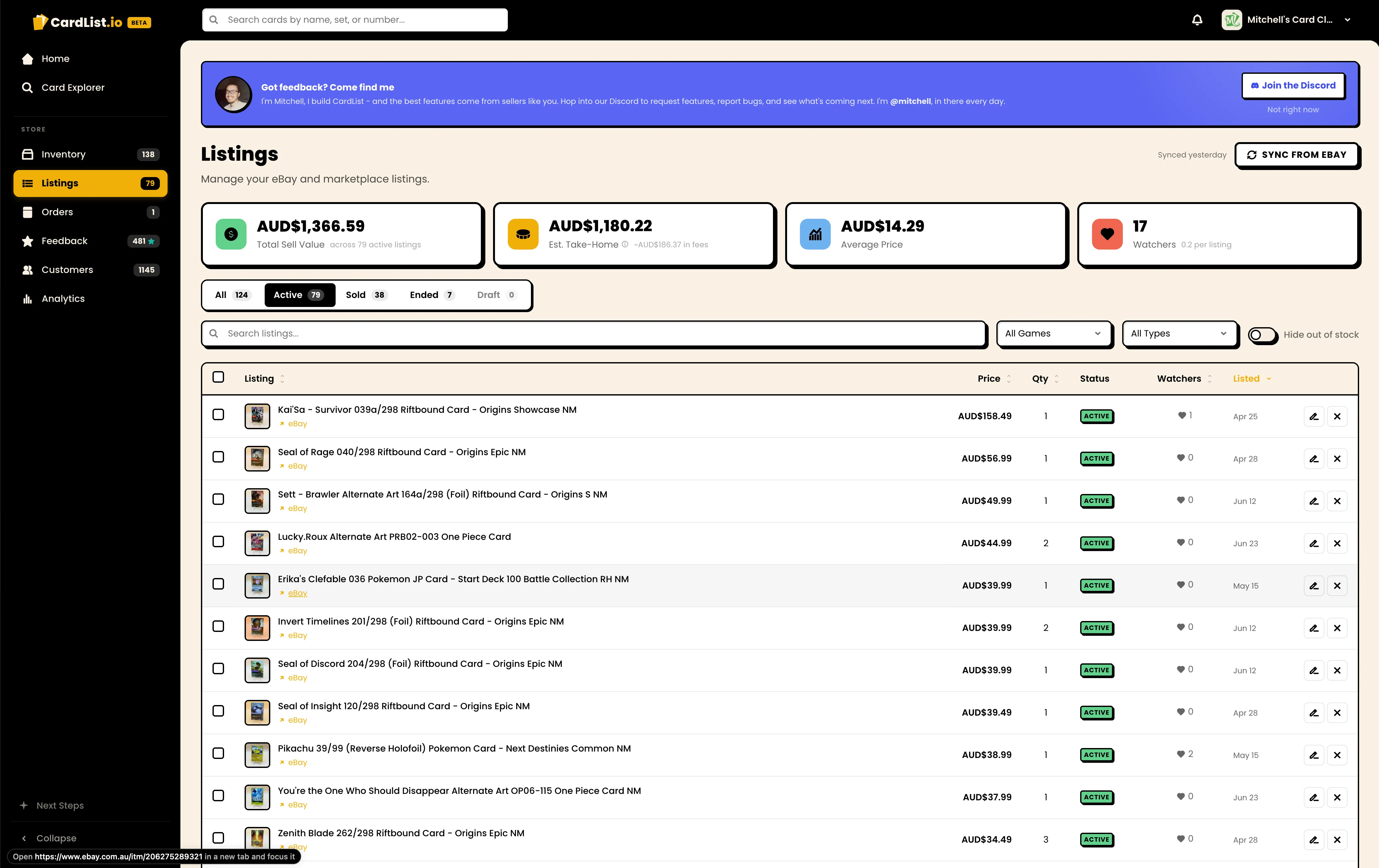 The real CardList dashboard running Mitchell's Card Club