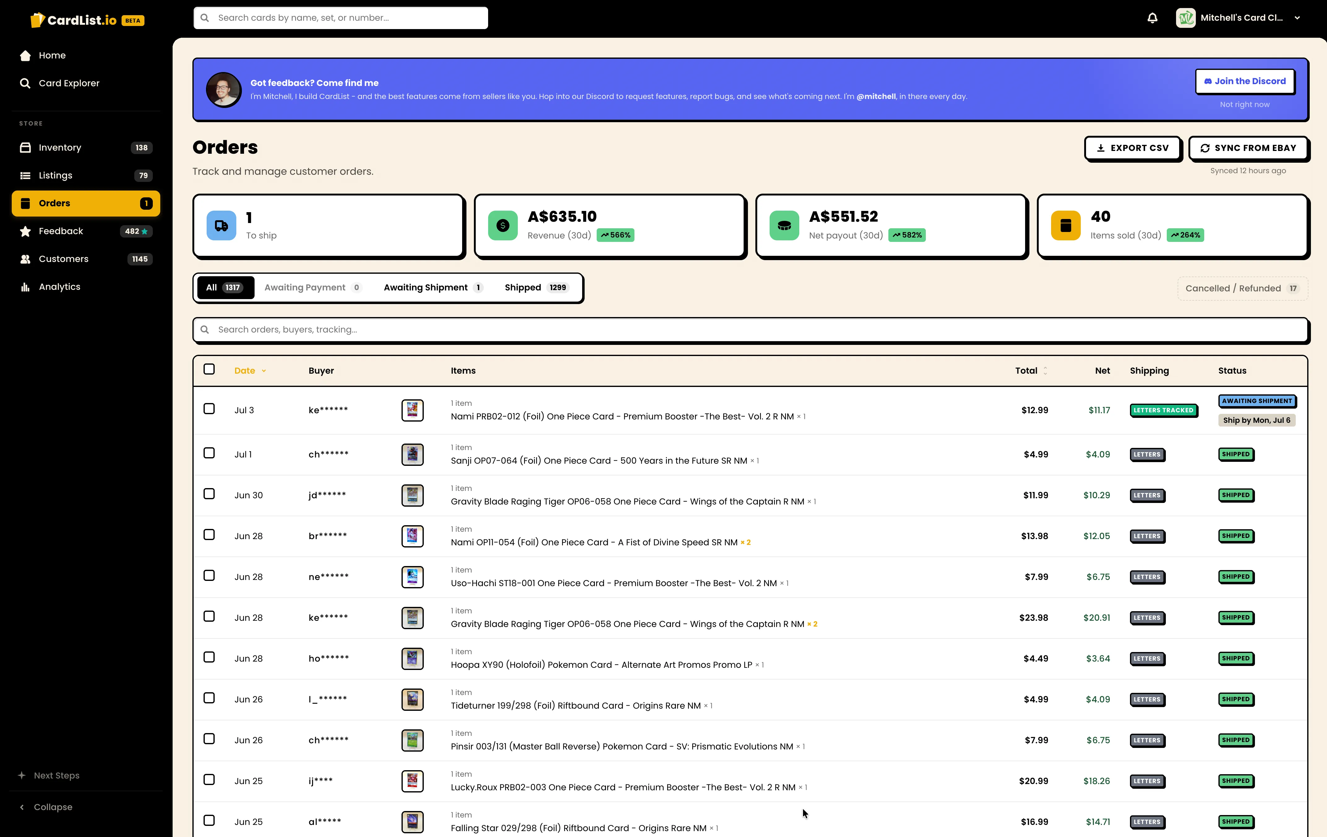 Orders list with shipping status and repeat-buyer badges