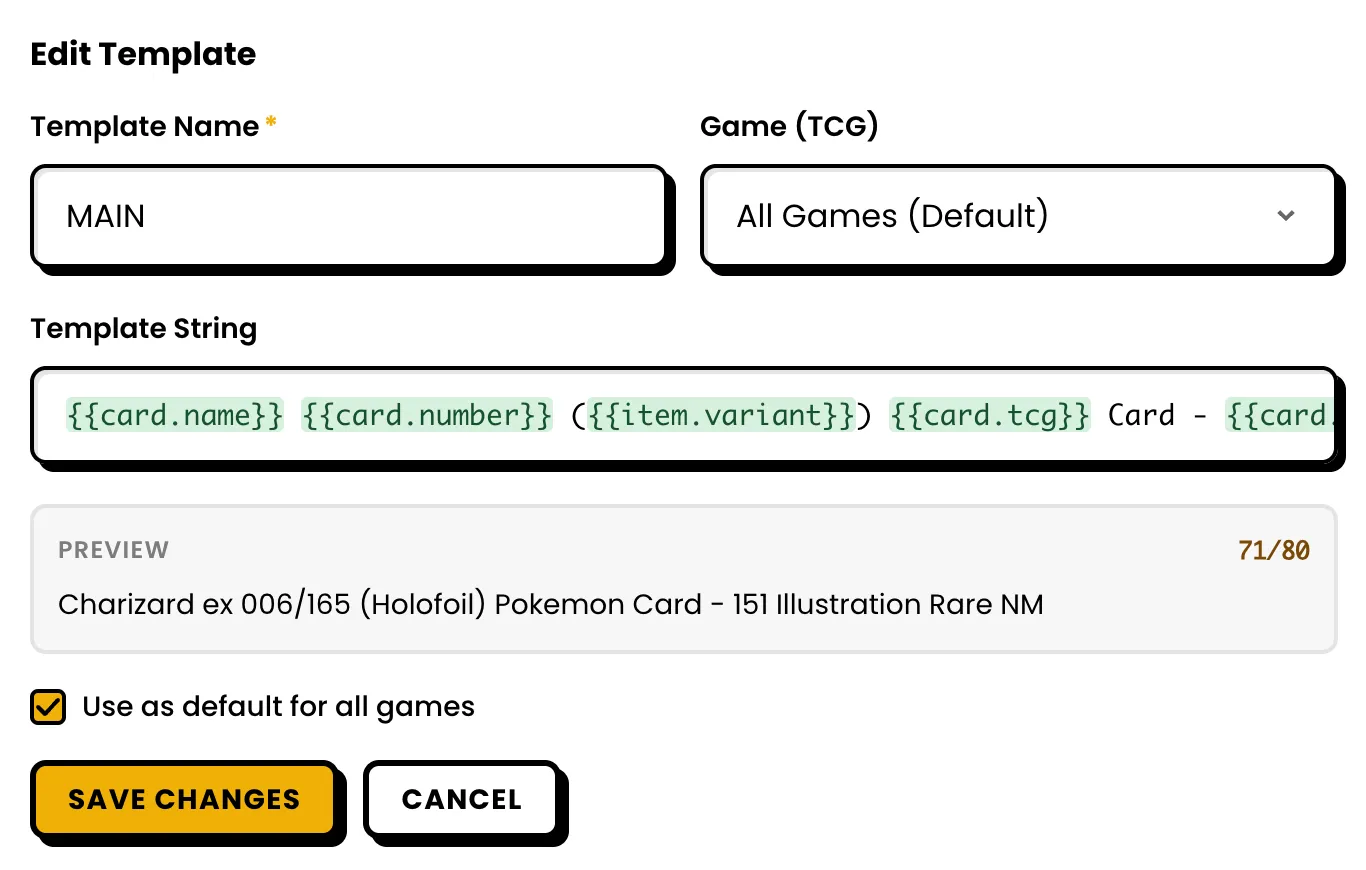 Title template editor with variables for card name, set, number, and condition